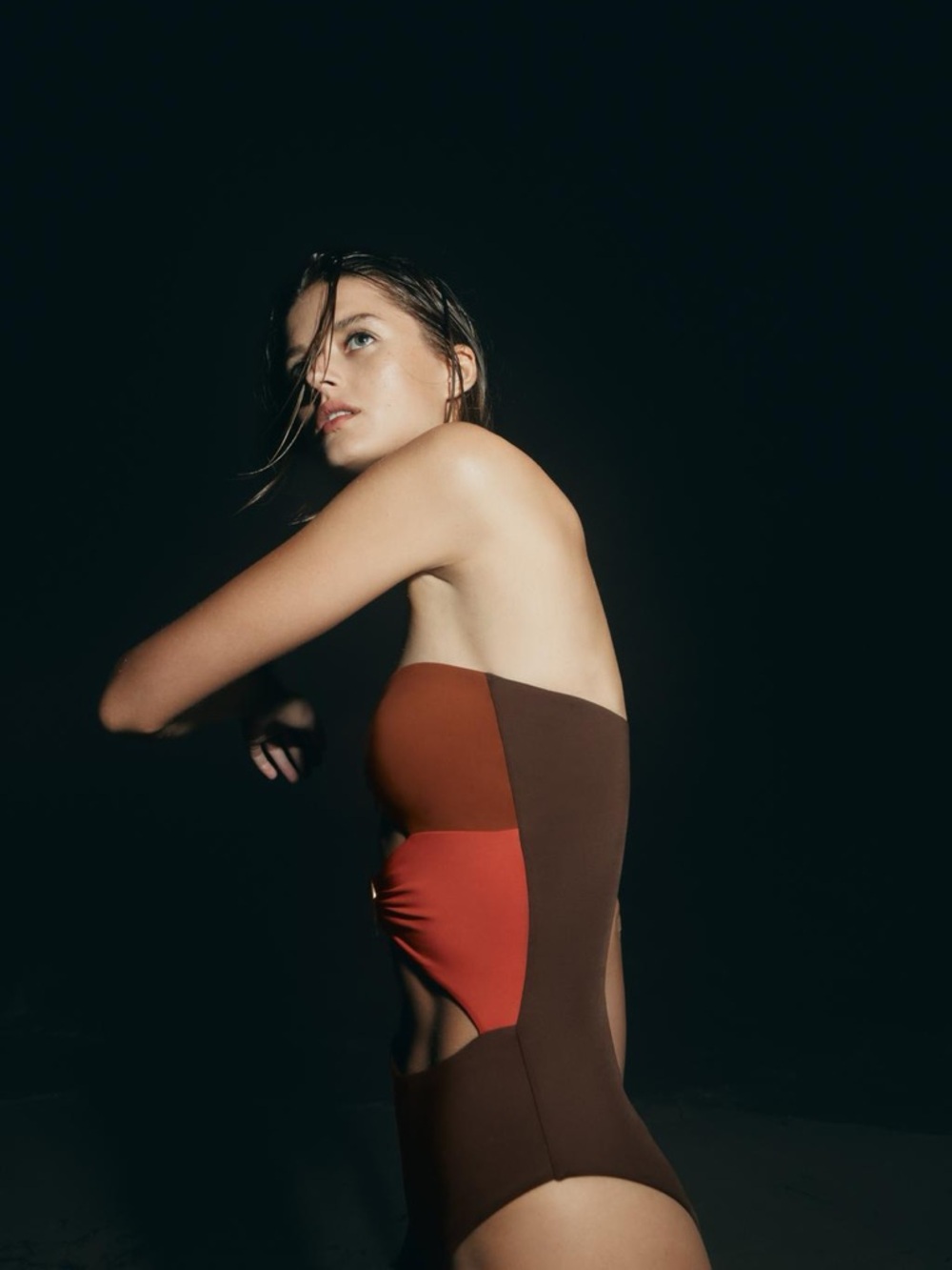 ZARA Strapless Cutout Swimsuit in Brown & Red with Gold Spiral Embellishments - Picture 4 of 8